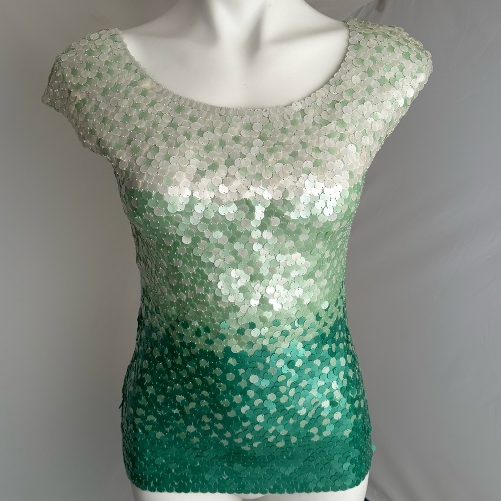 Escada mint green ombré cap sleeve paillette top